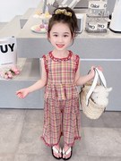 女童套装2023夏季儿童装彩色格清凉花边背心阔腿裤休闲韩版两件套
