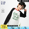 Gap男童2024春季logo高弹撞色插肩袖长袖T恤儿童装上衣891991