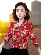 高档中式红雪纺衫印花衬衫，女长袖2023春季韩版蝴蝶结洋气碎花