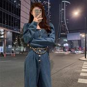 韩版长袖牛仔连体衣女，2022春秋季小个子大码直筒牛仔连体长裤