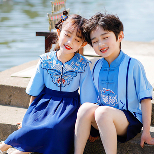 中国风幼儿园园服夏季套装，小学生国学班服男女裙子儿童古装汉服蓝