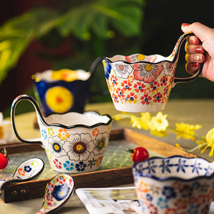手绘杯子陶瓷水杯家用早餐杯马克杯复古燕麦杯精致情侣咖啡杯茶杯