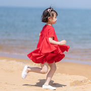小乐往原创亲子装第5课夏季大红色短袖连衣裙，荷叶裙度假文艺母女