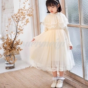 儿童长袖公主裙冬款女童，加绒网纱披肩式连衣裙韩版洋气米色针织裙