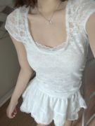brandybm白色蕾丝短袖t恤女夏季正肩性感，短款紧身显瘦甜辣妹上衣