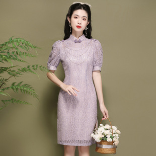 2023优雅名媛紫色，蕾丝改良旗袍礼服裙泡泡，袖蕾丝连衣裙