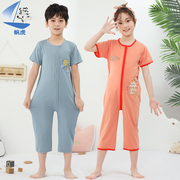 儿童连体睡衣夏季薄款短袖大童女，男童拉链宝宝空调服3-4-5-7-8岁9