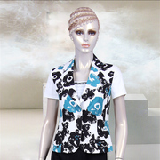 香港名师路欧美风格清新白色，黑蓝印花ol职业，挺括西装短袖外套上衣