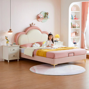 林氏木业儿童床女孩儿公主，床卧室粉色单人床现代简约实木软包床