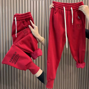 加绒加厚红色卫裤女冬季宽松束脚哈伦，裤高腰显瘦休闲运动裤