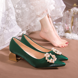 秀禾服婚纱两穿结婚鞋，子女2024春秋季绿色，礼服中式高跟新娘鞋