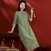 中国风连衣裙改良版天丝棉绸旗袍裙，镂空刺绣绵绸，民族风女装礼服裙