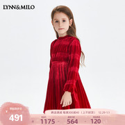 Lynn&Milo琳麦罗2023女童连衣裙 金丝绒唯美洋气红色儿童长袖裙子