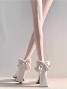 公主风珍珠链玛丽珍鞋女2024年小个子粗跟防水台蝴蝶结高跟鞋