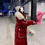 特大码胖mm红色大毛领中长款棉服棉衣女冬季加厚保暖过膝连帽外套