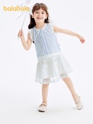 巴拉巴拉儿童套装女童短袖，两件套2024夏装条纹文艺风(文艺风)蕾丝短裙