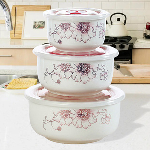 微波炉加热专用碗套装陶瓷碗带盖大号保鲜碗，家用密封盒三件套带饭