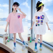 女童t恤裙中长款洋气纯棉短袖T恤连衣裙时髦韩版儿童大童夏装体恤