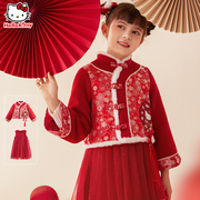 拜年服女童汉服连衣裙加厚新年唐装外套冬装红色中国风套装