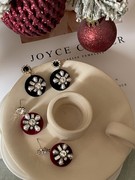 韩国东大门圣诞节耳环秋冬酒红色丝绒质感气质圆形复古宝石耳环