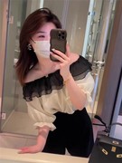 荷叶边法式衬衫女夏韩国设计感一字领露肩上衣洋气超仙独特雪纺衫