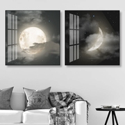 月亮月球挂画黑白，画月食太空星空装饰画北欧简约工业风咖啡厅壁画