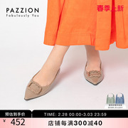 PAZZION漆皮时尚单鞋女方扣尖头平底鞋法式舒适通勤羊皮软底女鞋