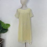 雪纺连衣裙浅黄色短袖圆领时尚欧洲风品牌撤柜宽松显瘦直筒裙