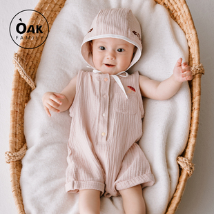 oakfamily新生儿连身衣夏季100%纯棉，婴儿无袖哈衣宝宝爬服