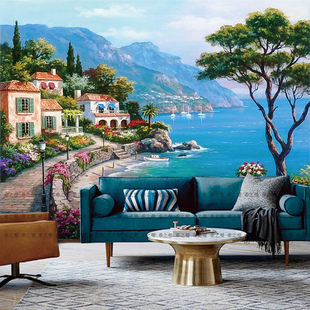 欧式8d壁画5d地中海油画风景，壁纸客厅沙发，电视背景墙纸3d影视墙布