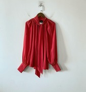 澳洲H经典设计系带灯笼袖砂洗双绉真丝衬衫高级的红百搭通勤显白
