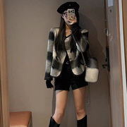 格子双面羊绒大衣女短款2023韩版时尚气质圆领双排扣毛呢外套