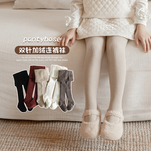 女童连裤袜秋冬季纯棉薄绒，宝宝打底裤，连脚纯色加绒中厚儿童打底袜