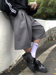 Aurocean 灰色西装短裤 复古日系学院少年感高品质纯色廓形过膝裤