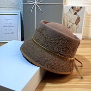 羊毛呢渔夫帽子女冬季法式复古礼帽蝴蝶结，蕾丝赫本风名媛时装盆帽