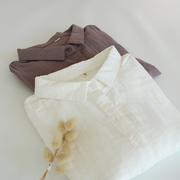 秋季文艺小清新双层棉纱，上衣宽松大版长袖，白色衬衫女紫色衬衣
