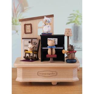 jeancard八音盒木质音乐盒猫咪弹钢琴女生女孩情人节生日新年礼物