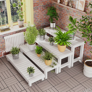 阶梯花架实木梯形单个多层落地式脚踏花凳阳台，庭院防腐白色花盆架