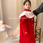 韩系女童披肩红色呢大衣秋冬儿童中长款翻领毛呢外套年服洋气