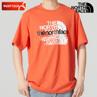 北面橙色圆领短袖上衣男运动服户外跑步透气T恤休闲宽松半袖