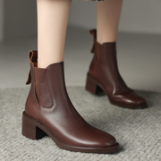 女鞋2023年秋冬季复古中跟棕色头层牛皮鞋子粗跟女士短靴百搭