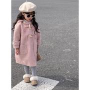 韩国童装2023秋冬粉色双面呢大衣外套儿童中长款加厚毛呢外套