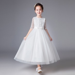 儿童裙子公主礼服2024春夏连衣裙，纱裙舞台表演服白色走秀长裙