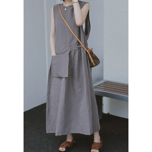 法式高级感灰色无袖宽松背心连衣裙女夏独特设计感小众大口袋长裙