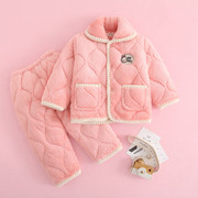 儿童睡衣冬季三层夹棉法兰绒，加厚款可爱女童男童珊瑚绒保暖家居服
