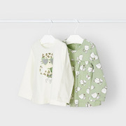 西班牙mayoral麦悠幼小女童秋冬装，浅绿色印花猫咪，纯棉t恤套装