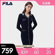 fila斐乐女子编织连衣裙2023春v领时尚优雅休闲通勤长裙