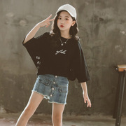 潮牌女童短袖T恤2023夏季韩版中大儿童装蝙蝠衫纯棉宽松上衣