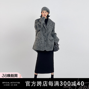 吴童童(吴童童)灰色中长款西装外套，女冬季韩系时尚休闲气质高级感宽松上衣