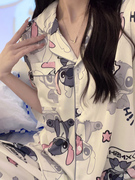 韩国GIOIO史迪仔卡通冰丝睡衣女夏季短袖可爱居家丝绸春秋三件套